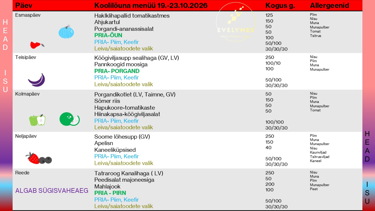 Koolilõuna menüü 19.–23.10.2026. Tekstiversioon pildi järel.